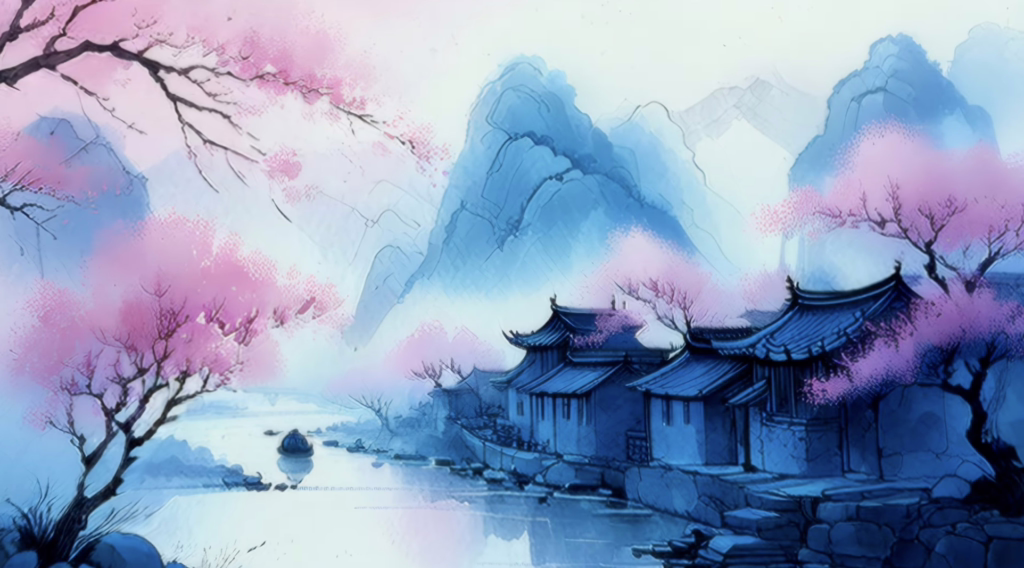 A serene, dreamlike landscape of blue mountains and pagodas, perfect visuals for tripping
